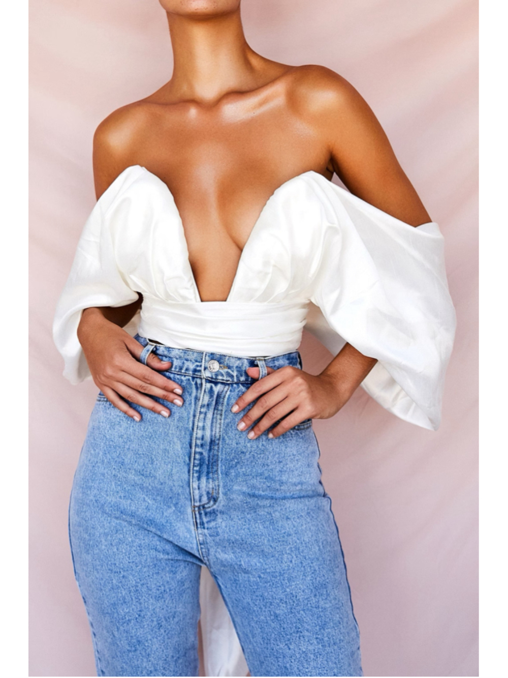 Women's House of CB ELISETTA Ivory Satin Plunge Off Shoulder Bustier Size XS